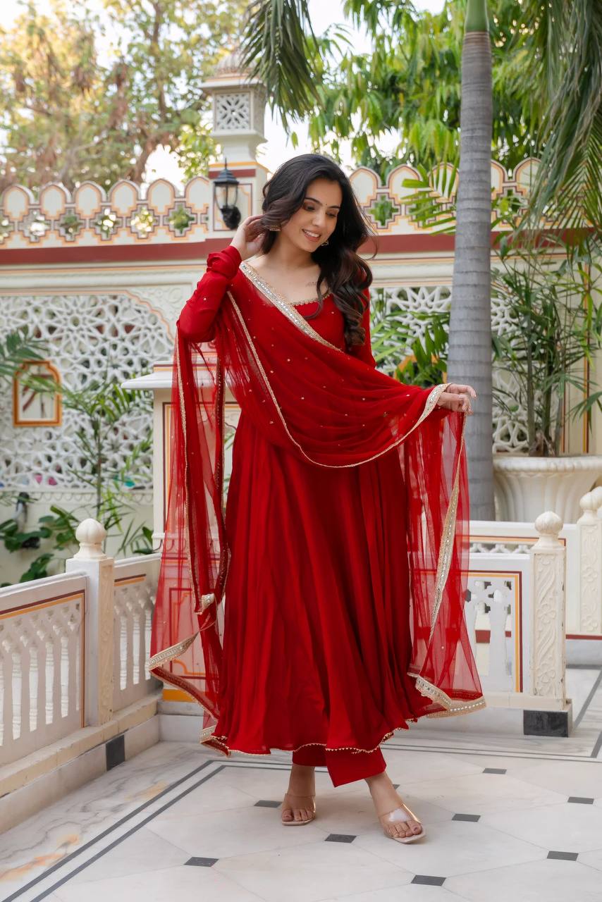 Red Faux Georgette Anarkali Suit Set with Handwork & Lace Dupatta