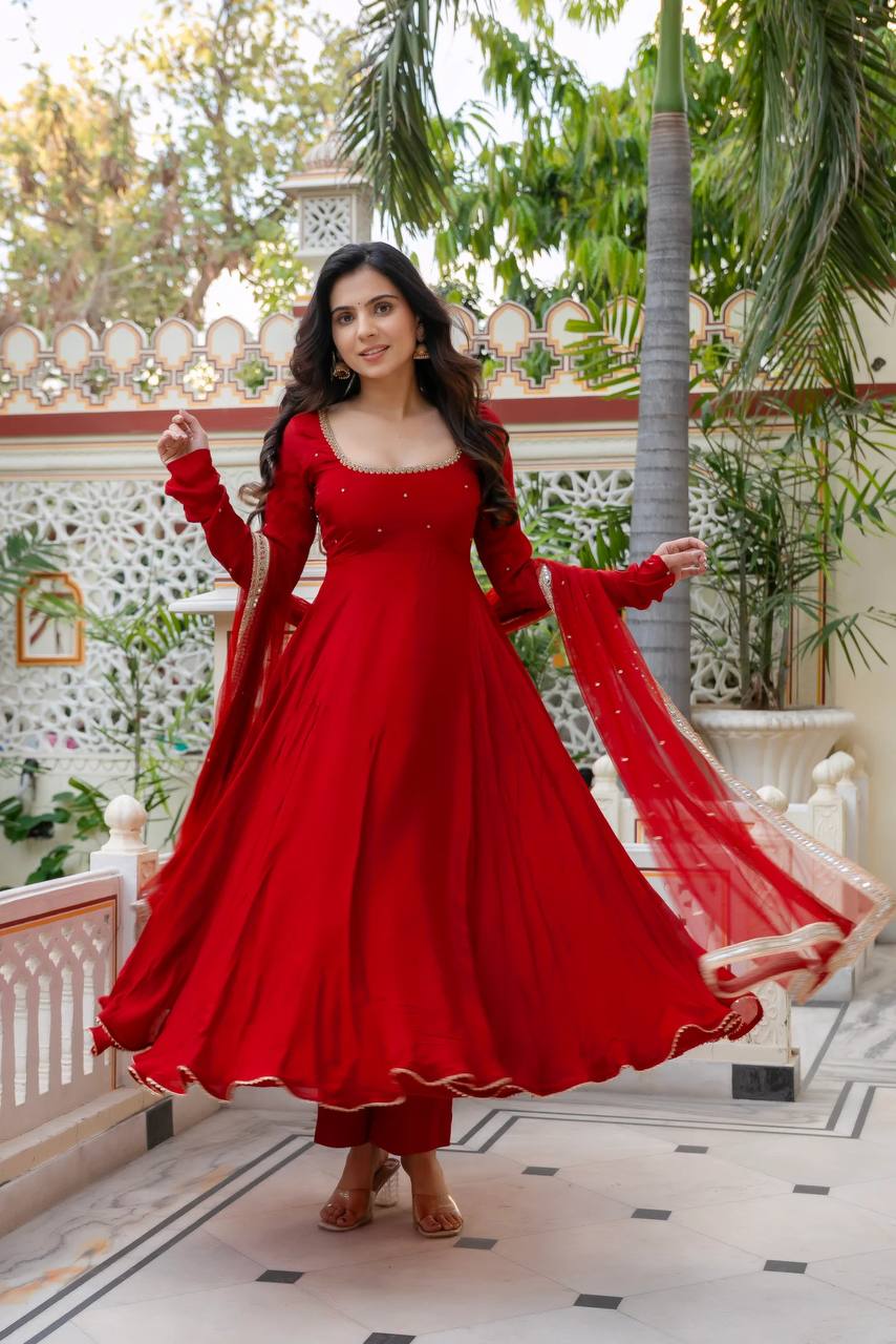 Red Faux Georgette Anarkali Suit Set with Handwork & Lace Dupatta