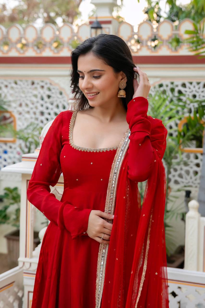 Red Faux Georgette Anarkali Suit Set with Handwork & Lace Dupatta
