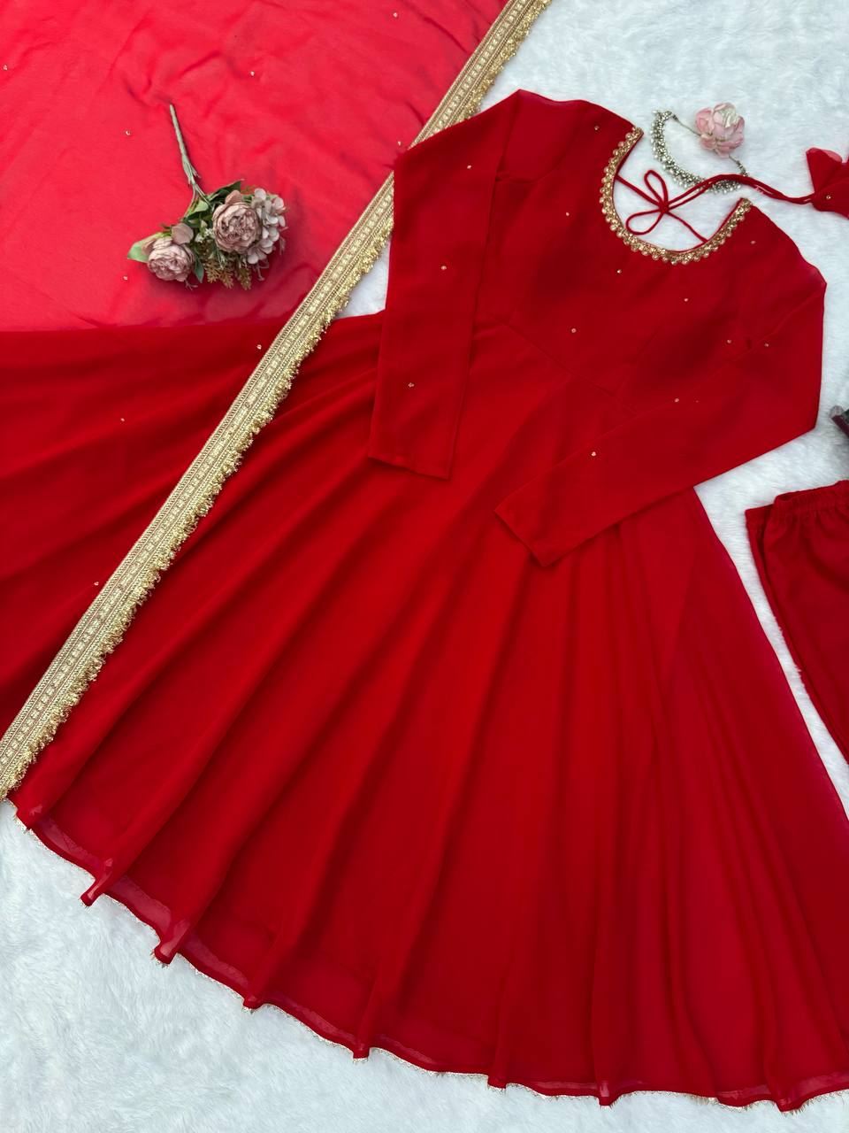 Red Faux Georgette Anarkali Suit Set with Handwork & Lace Dupatta