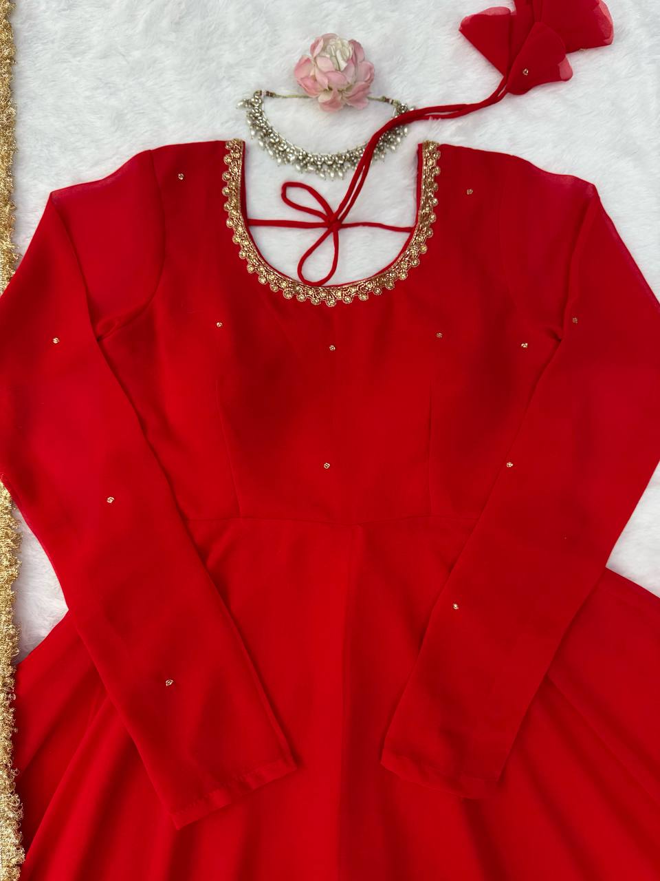 Red Faux Georgette Anarkali Suit Set with Handwork & Lace Dupatta