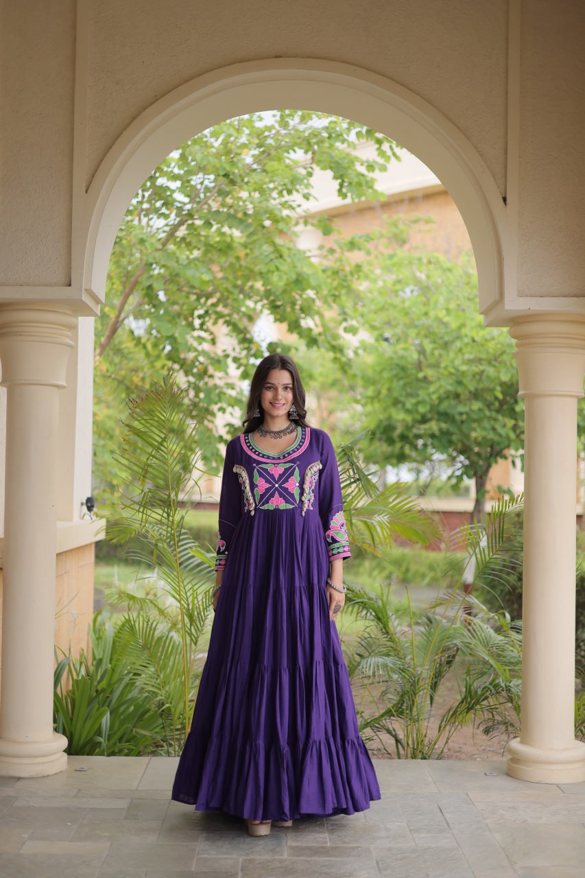 Purple Kora Cotton Navratri Gown with Mirror & Codi Work