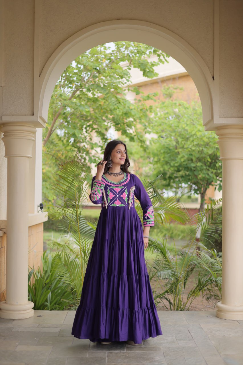 Purple Kora Cotton Navratri Gown with Mirror & Codi Work