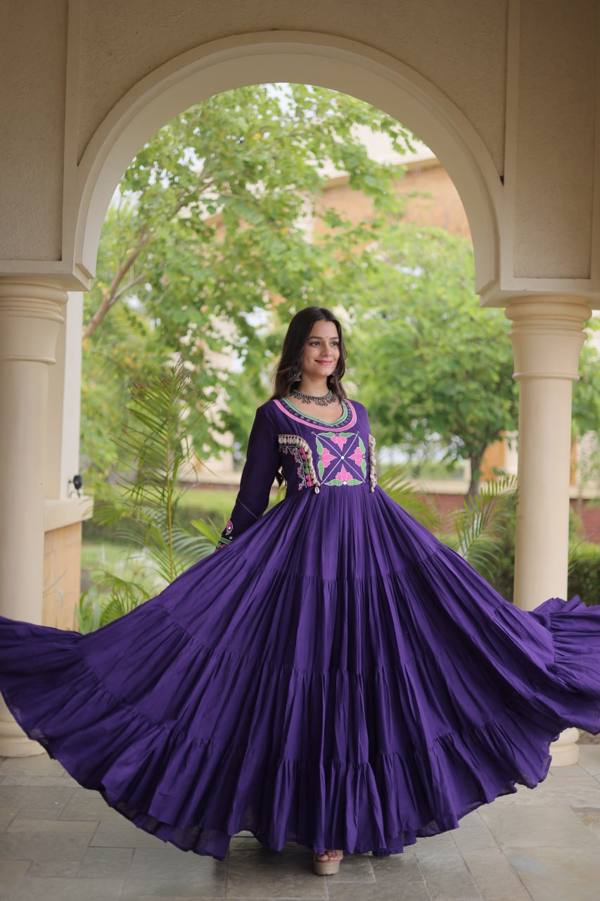 Purple Kora Cotton Navratri Gown with Mirror & Codi Work