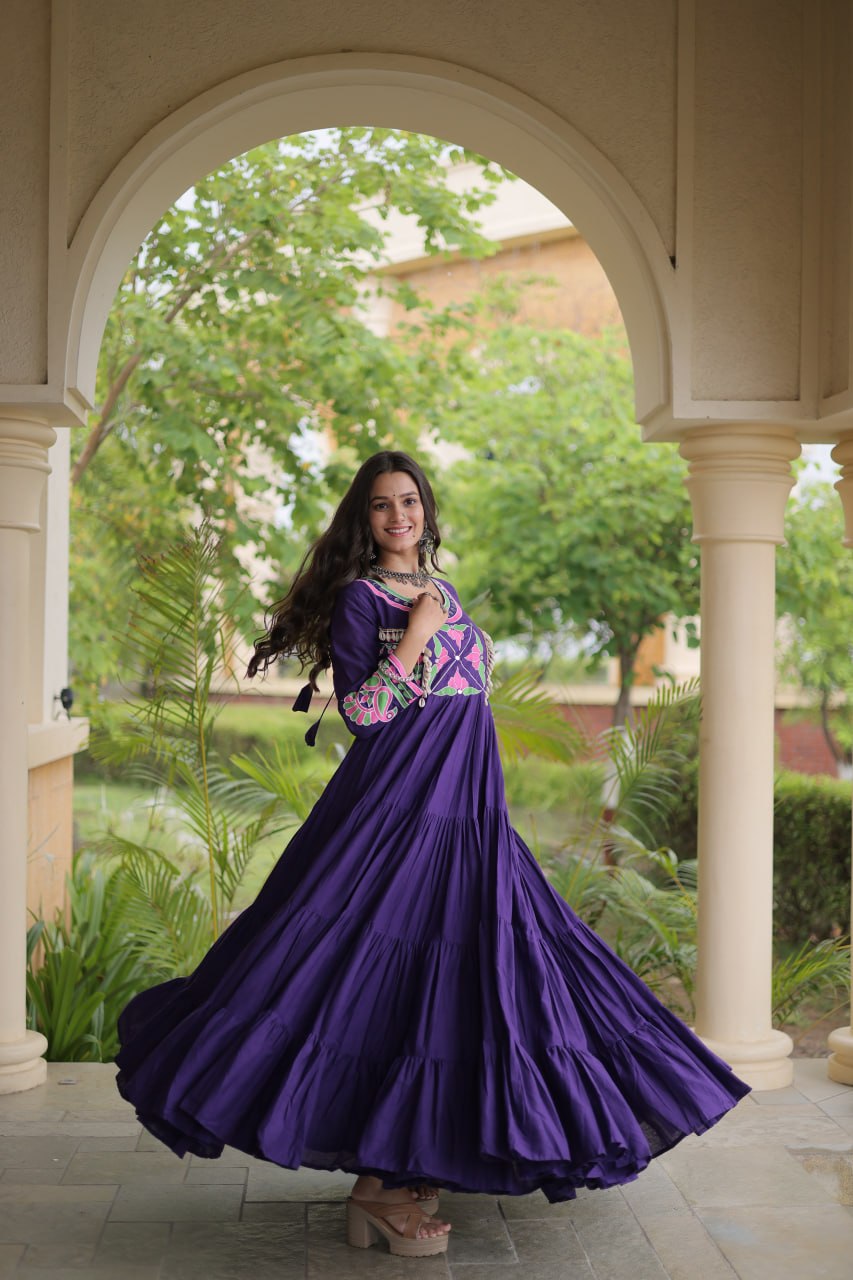 Purple Kora Cotton Navratri Gown with Mirror & Codi Work