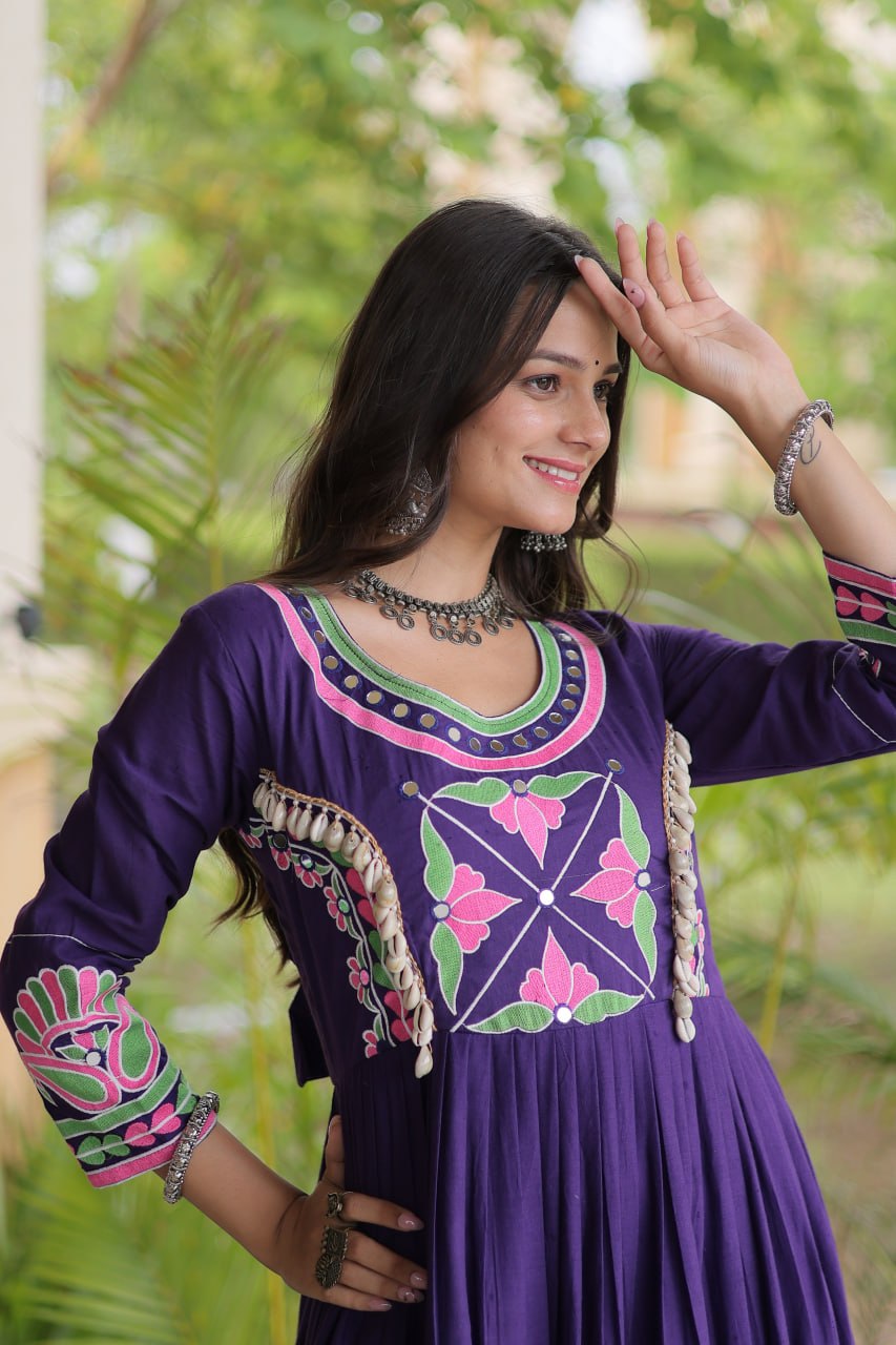 Purple Kora Cotton Navratri Gown with Mirror & Codi Work