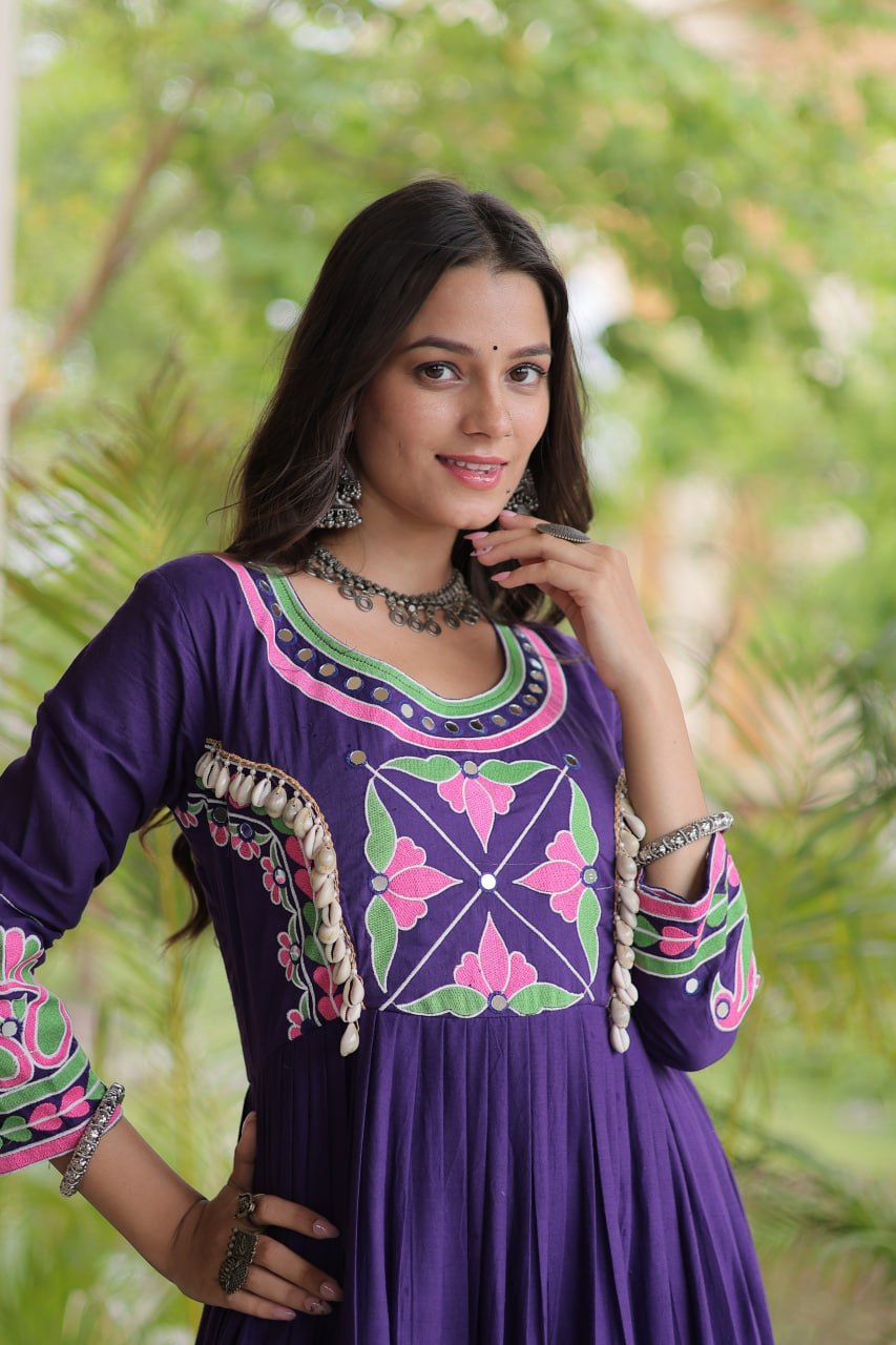 Purple Kora Cotton Navratri Gown with Mirror & Codi Work