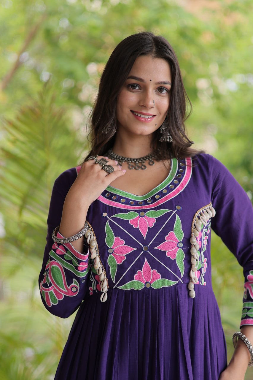 Purple Kora Cotton Navratri Gown with Mirror & Codi Work