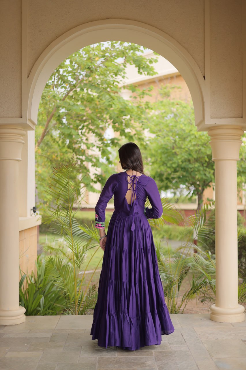 Purple Kora Cotton Navratri Gown with Mirror & Codi Work