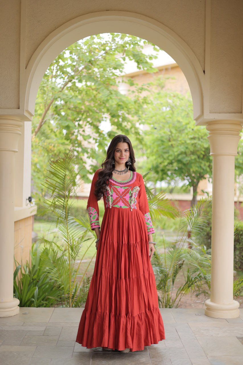 Rust Kora Cotton Navratri Gown with Mirror, Embroidery & Real Codi Work
