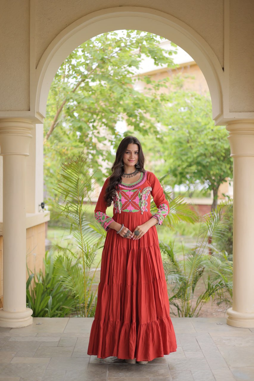 Rust Kora Cotton Navratri Gown with Mirror, Embroidery & Real Codi Work