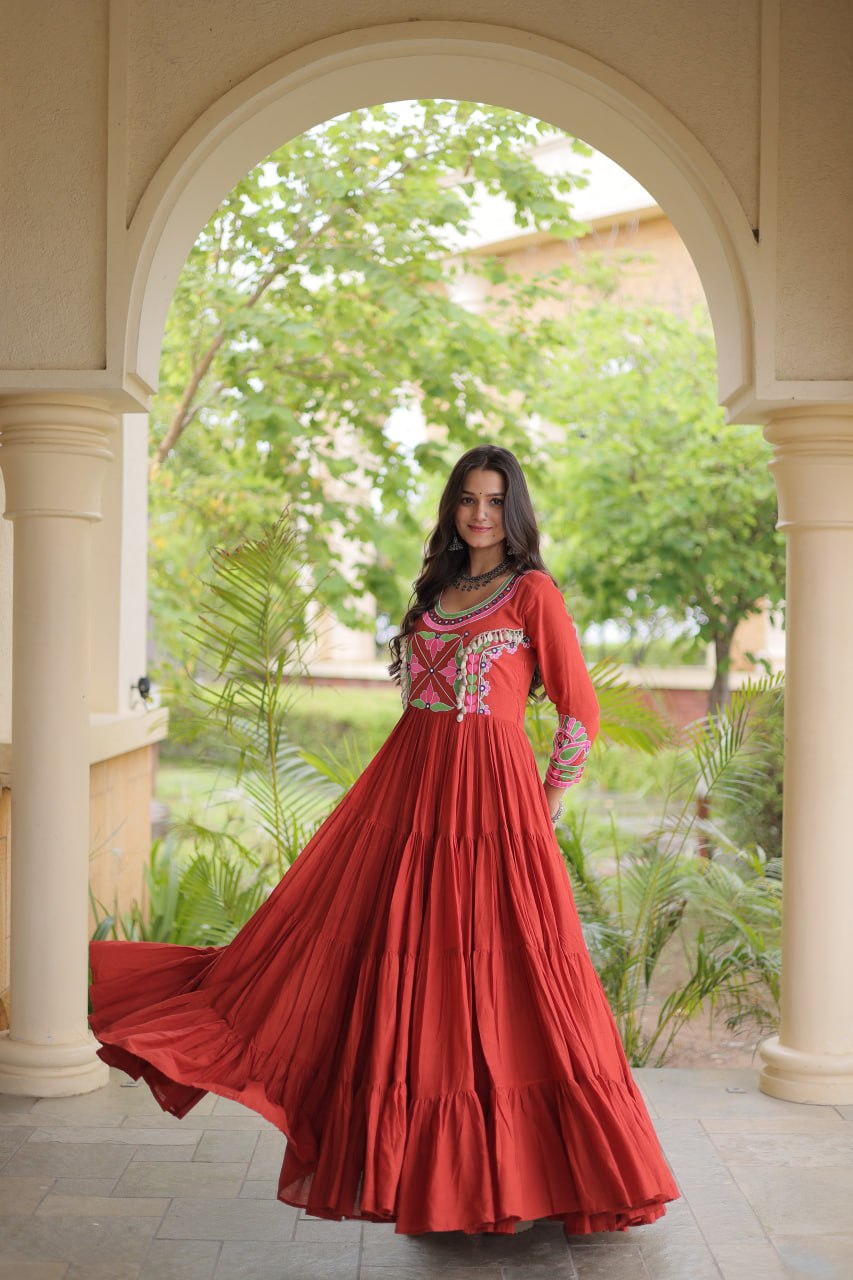 Rust Kora Cotton Navratri Gown with Mirror, Embroidery & Real Codi Work