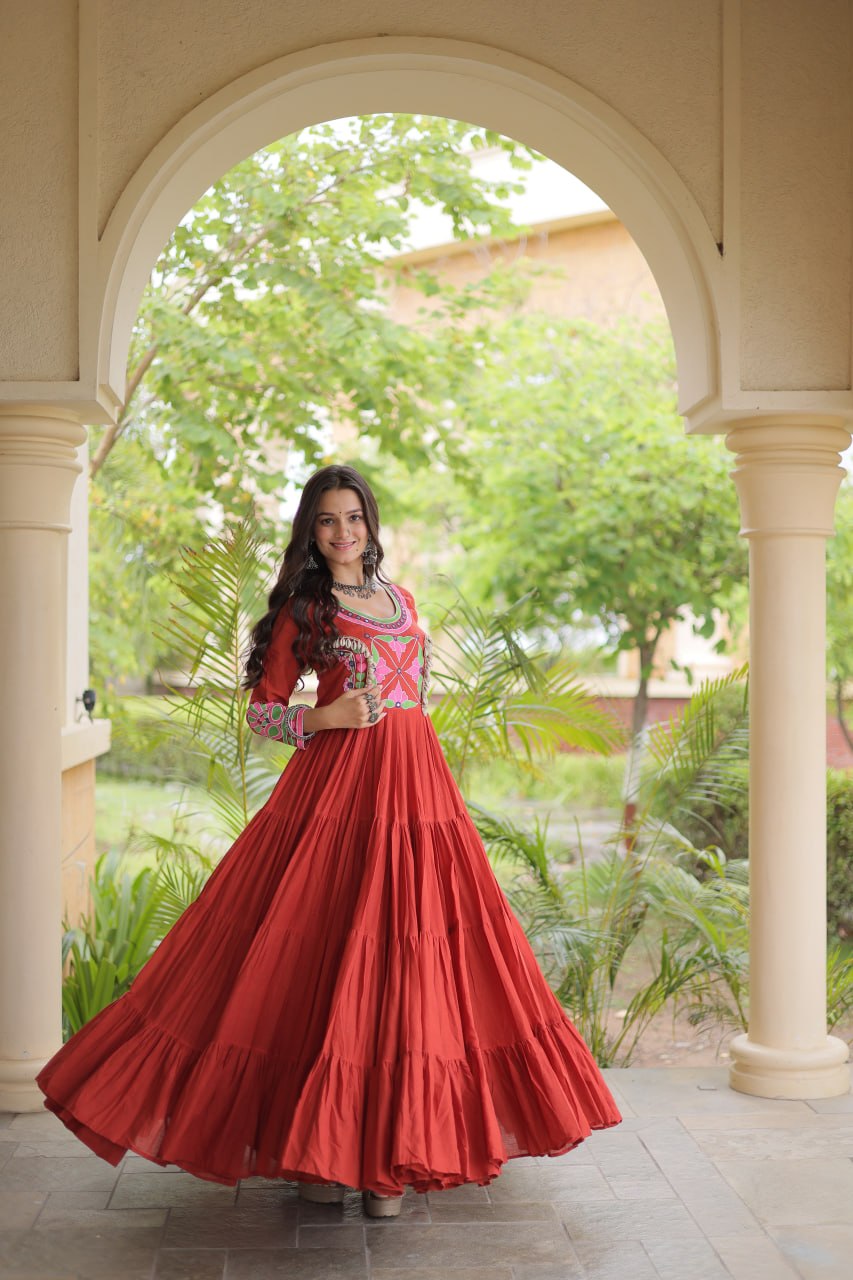 Rust Kora Cotton Navratri Gown with Mirror, Embroidery & Real Codi Work