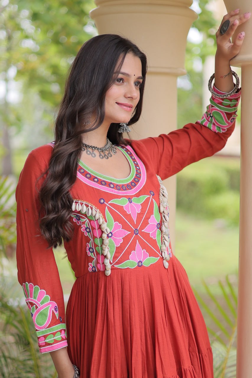 Rust Kora Cotton Navratri Gown with Mirror, Embroidery & Real Codi Work