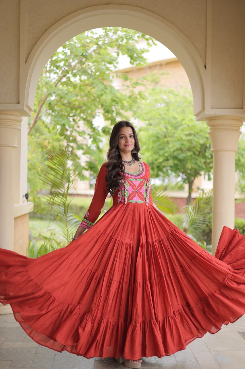 Rust Kora Cotton Navratri Gown with Mirror, Embroidery & Real Codi Work