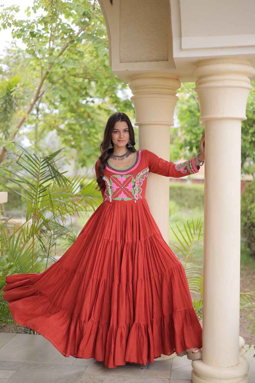 Rust Kora Cotton Navratri Gown with Mirror, Embroidery & Real Codi Work