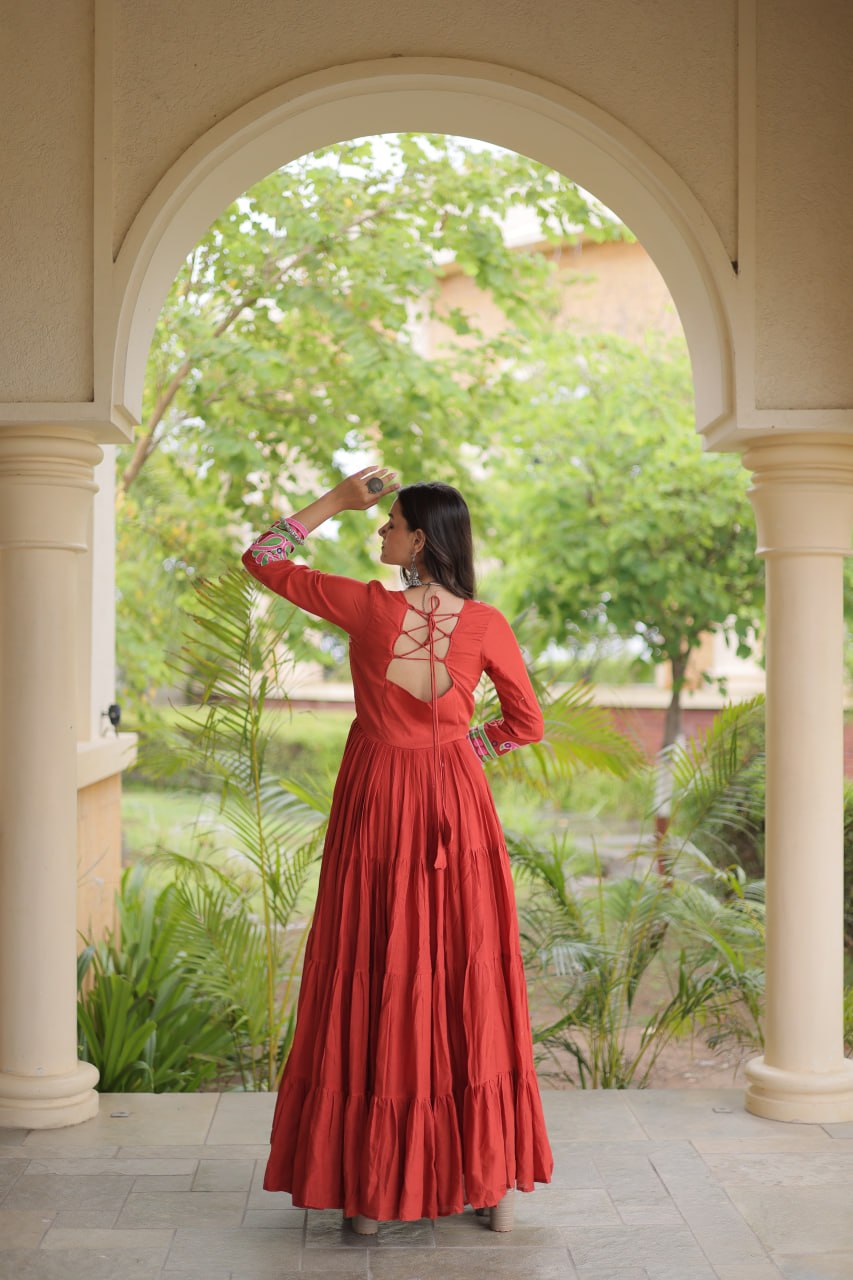 Rust Kora Cotton Navratri Gown with Mirror, Embroidery & Real Codi Work