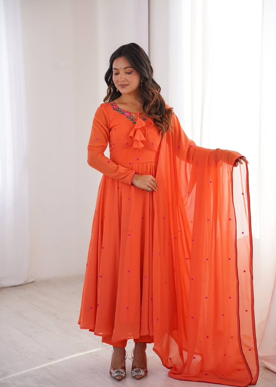 Coral Orange Embroidered Faux Georgette Anarkali Suit Set with Dupatta