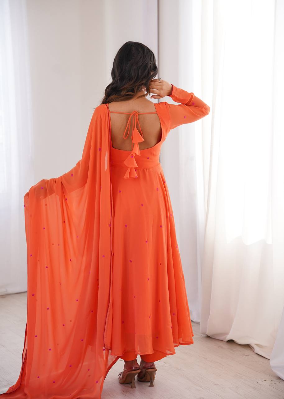 Coral Orange Embroidered Faux Georgette Anarkali Suit Set with Dupatta