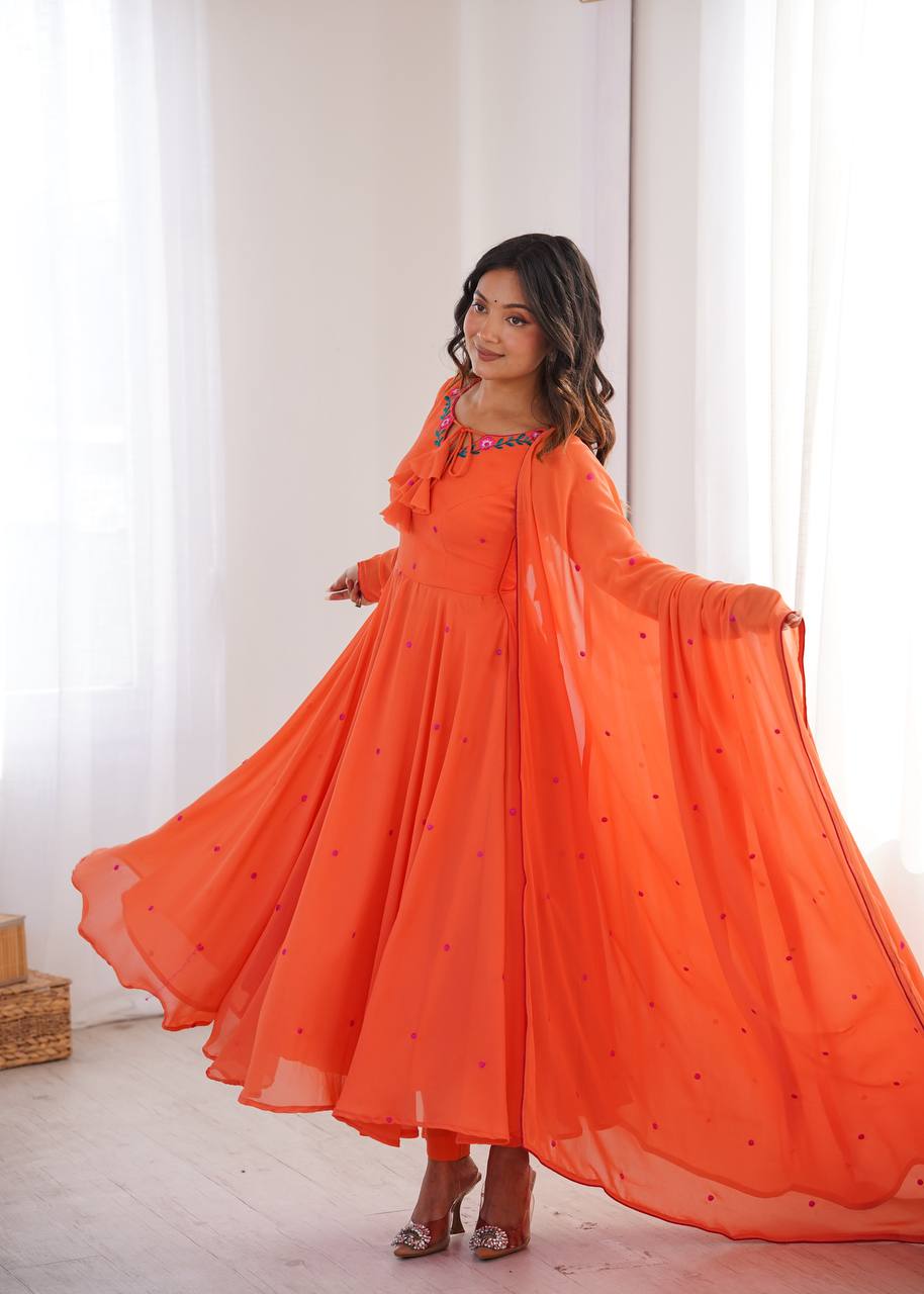 Coral Orange Embroidered Faux Georgette Anarkali Suit Set with Dupatta