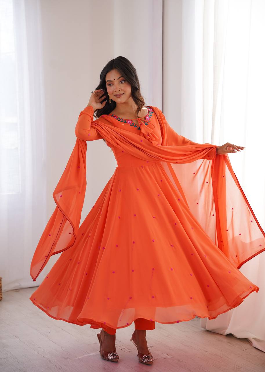 Coral Orange Embroidered Faux Georgette Anarkali Suit Set with Dupatta