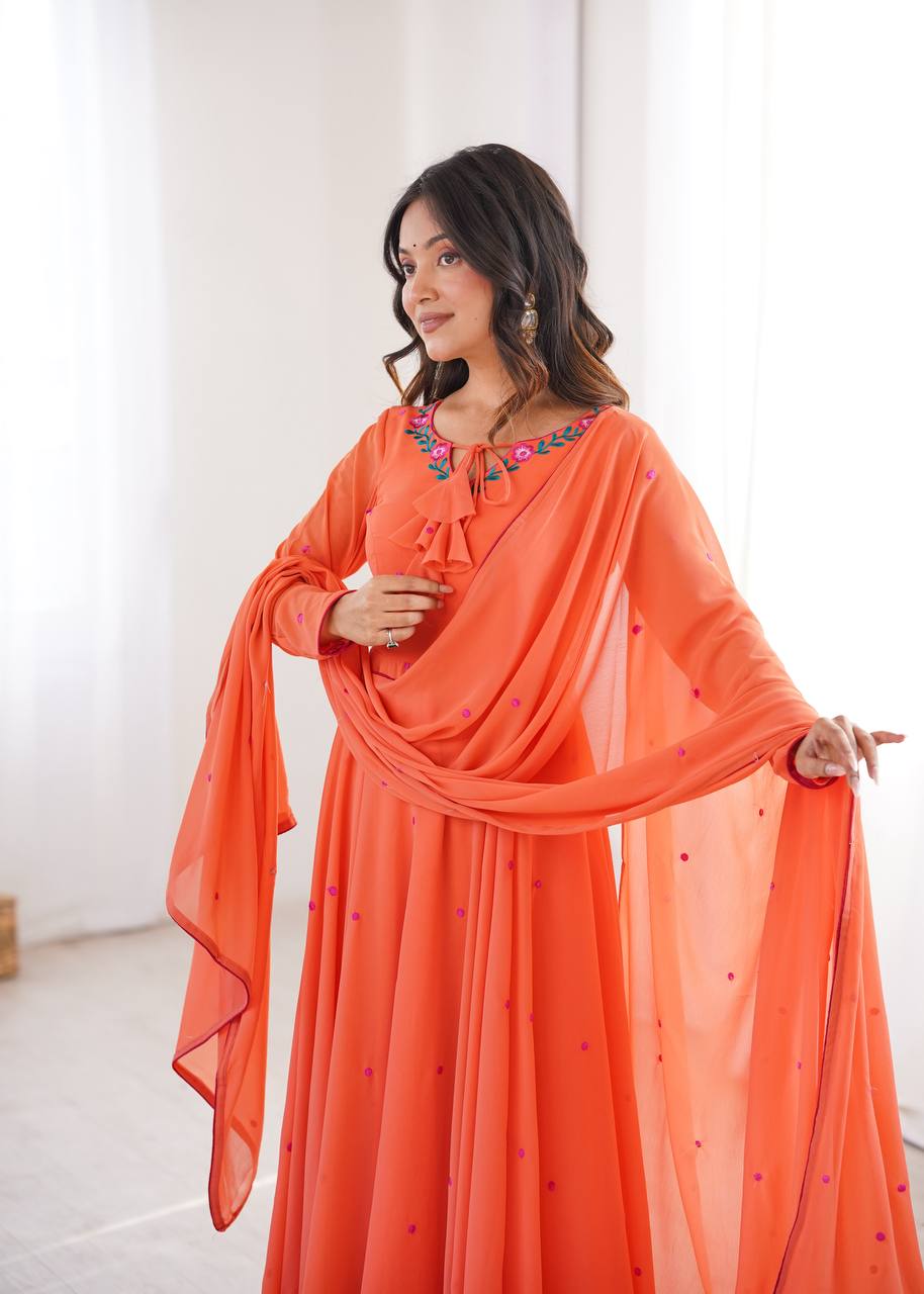 Coral Orange Embroidered Faux Georgette Anarkali Suit Set with Dupatta