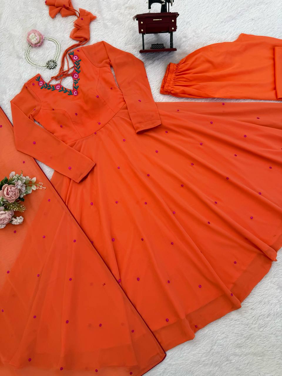 Coral Orange Embroidered Faux Georgette Anarkali Suit Set with Dupatta