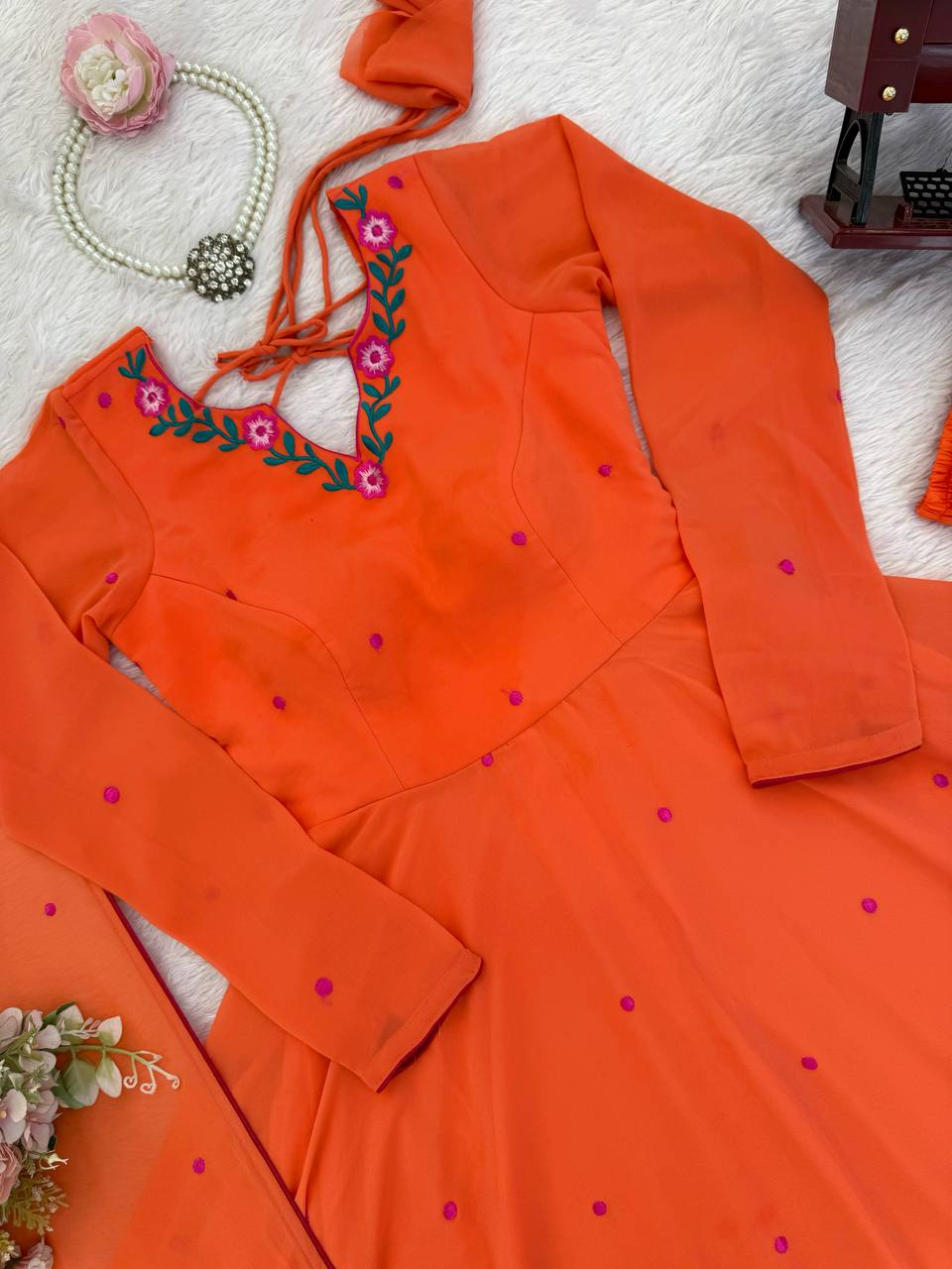 Coral Orange Embroidered Faux Georgette Anarkali Suit Set with Dupatta