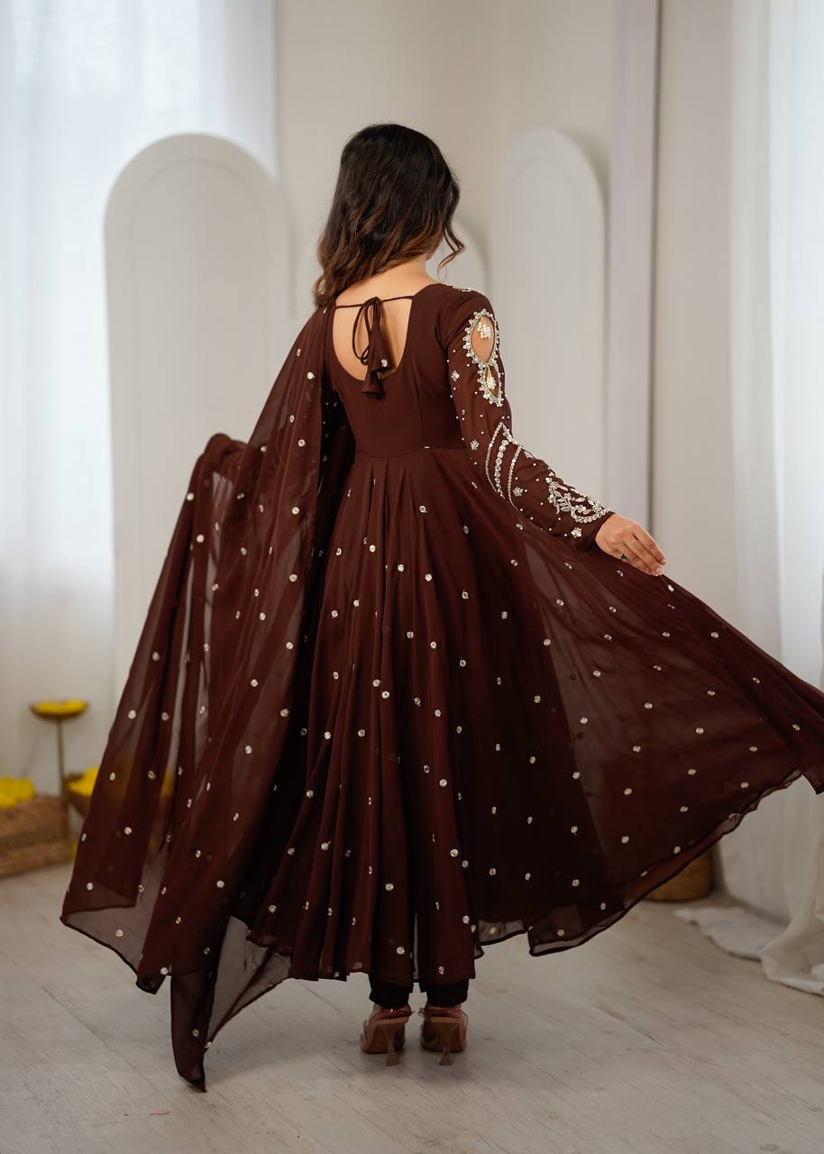 Chocolate Brown Faux Georgette Embroidered Anarkali Gown Set with Dupatta