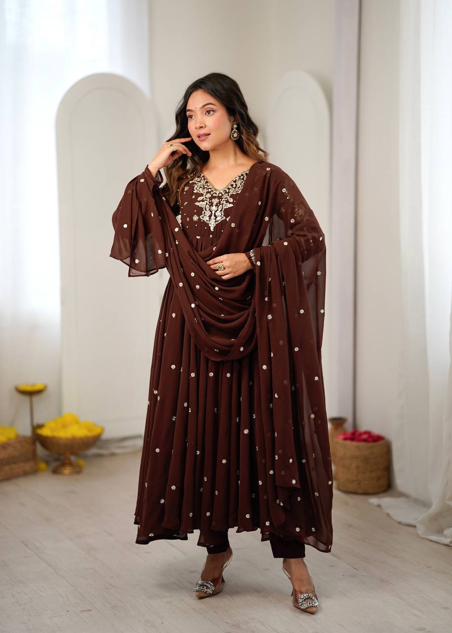 Chocolate Brown Faux Georgette Embroidered Anarkali Gown Set with Dupatta