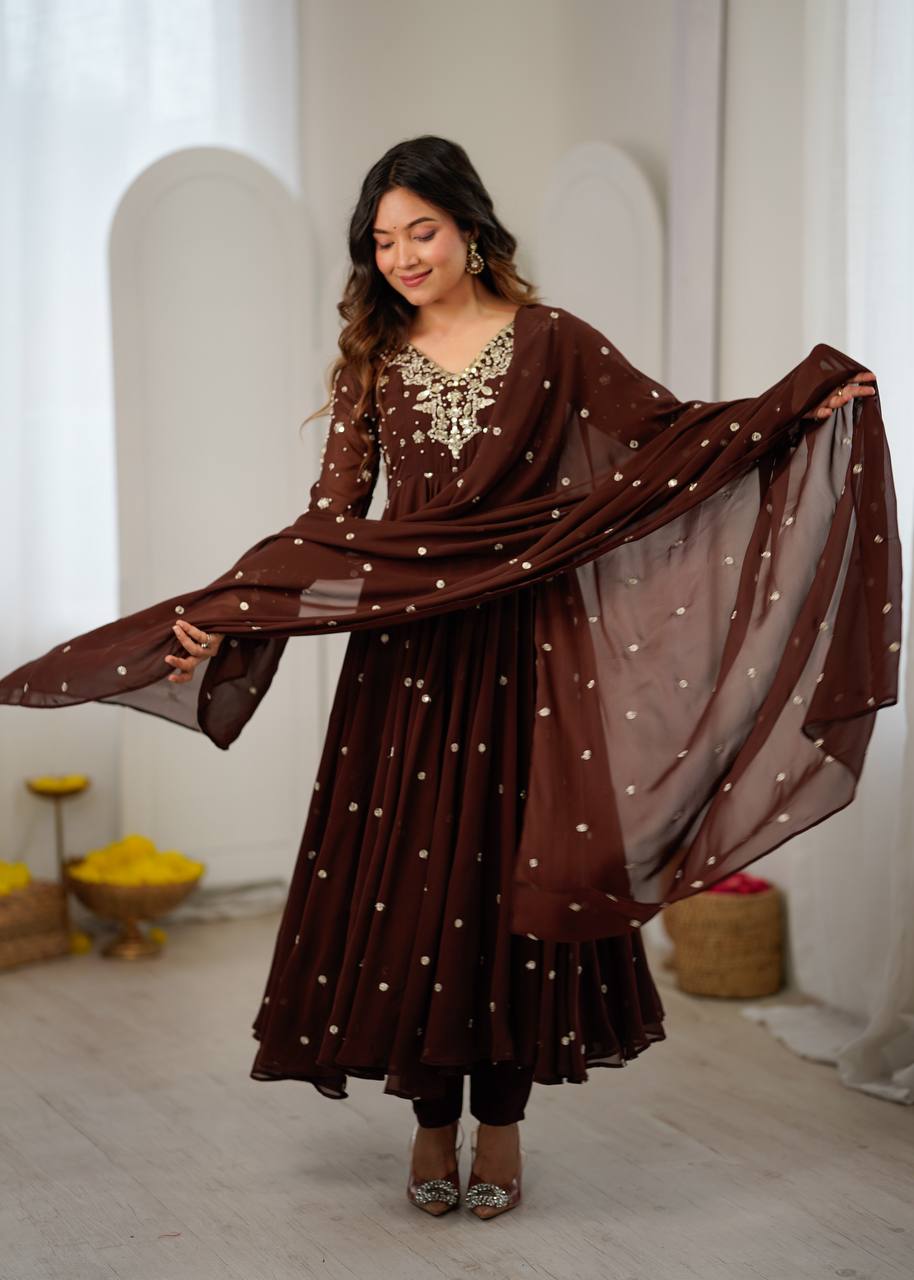 Chocolate Brown Faux Georgette Embroidered Anarkali Gown Set with Dupatta