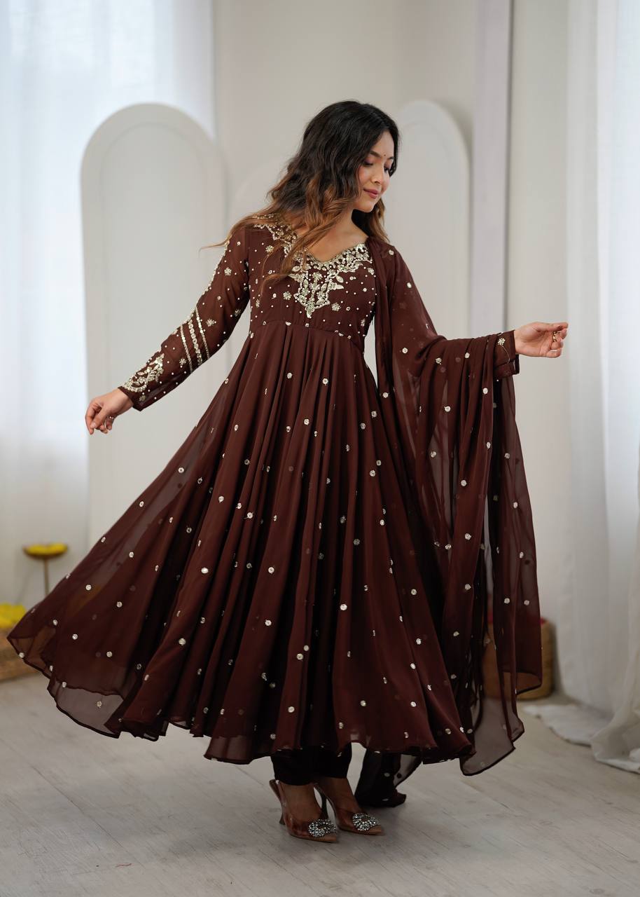 Chocolate Brown Faux Georgette Embroidered Anarkali Gown Set with Dupatta
