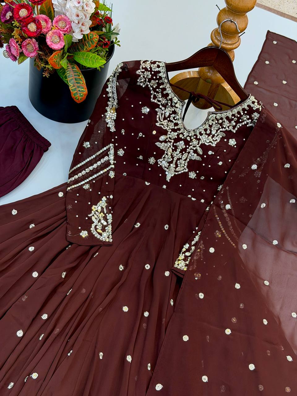 Chocolate Brown Faux Georgette Embroidered Anarkali Gown Set with Dupatta