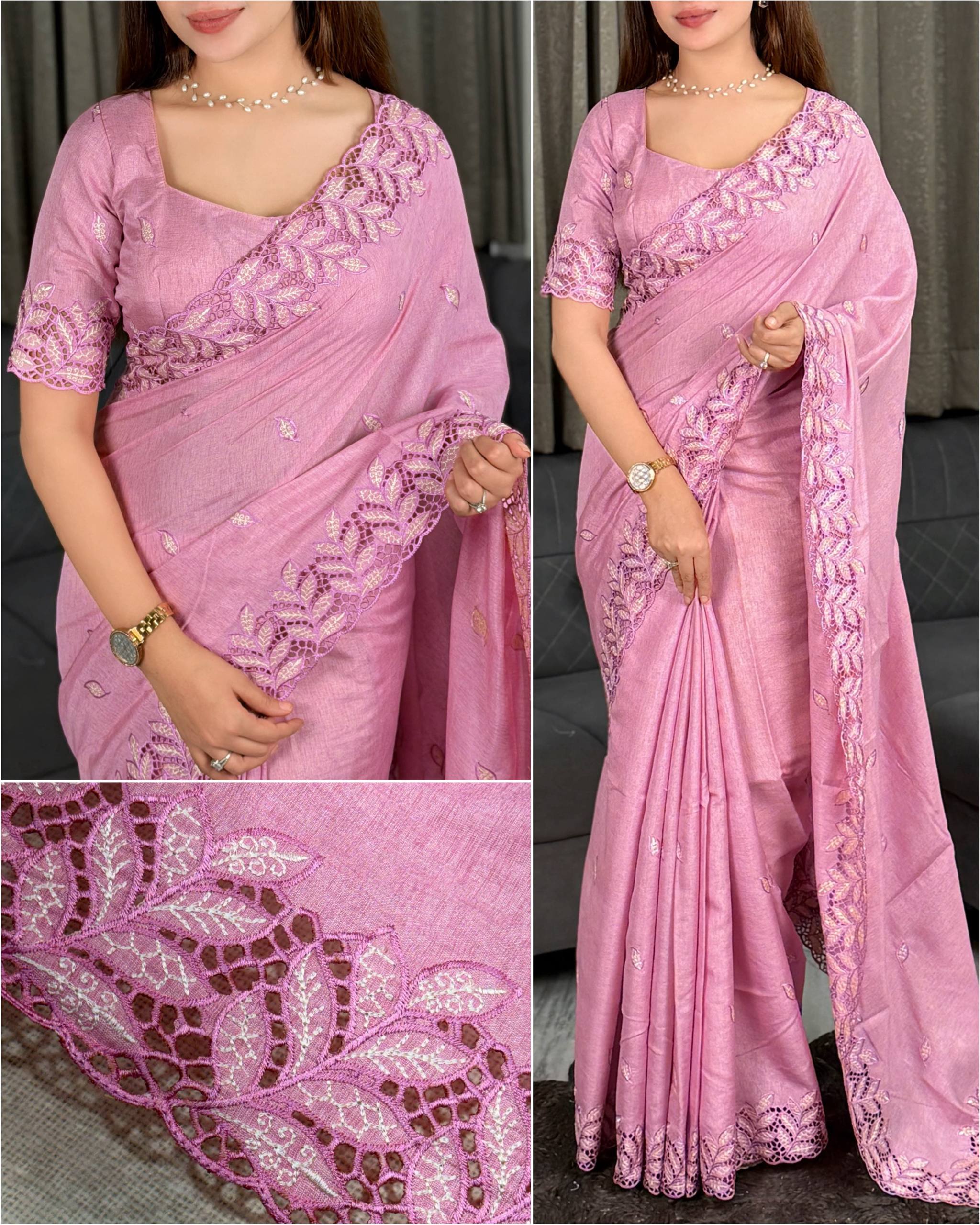 Dusty Rose Pink Arry Cotton Thread Embroidered Cutwork Saree with Blouse