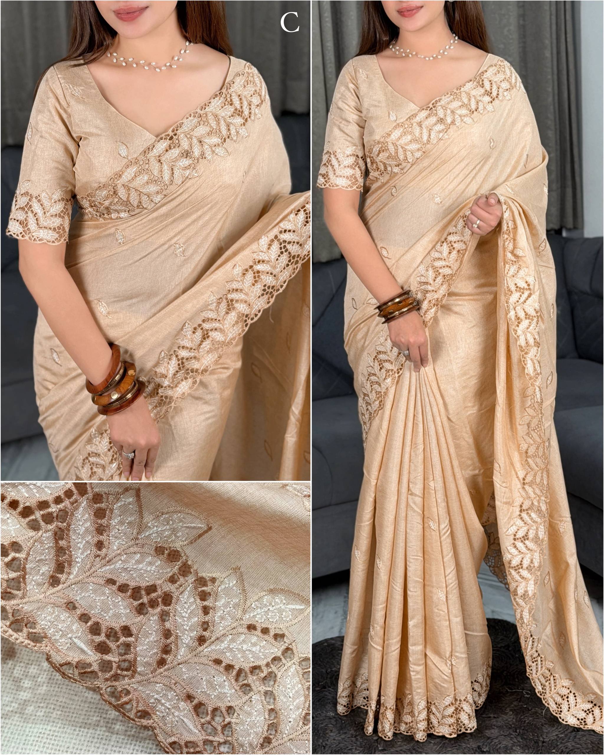 Champagne Beige Arry Cotton Thread Embroidered Cutwork Saree with Blouse