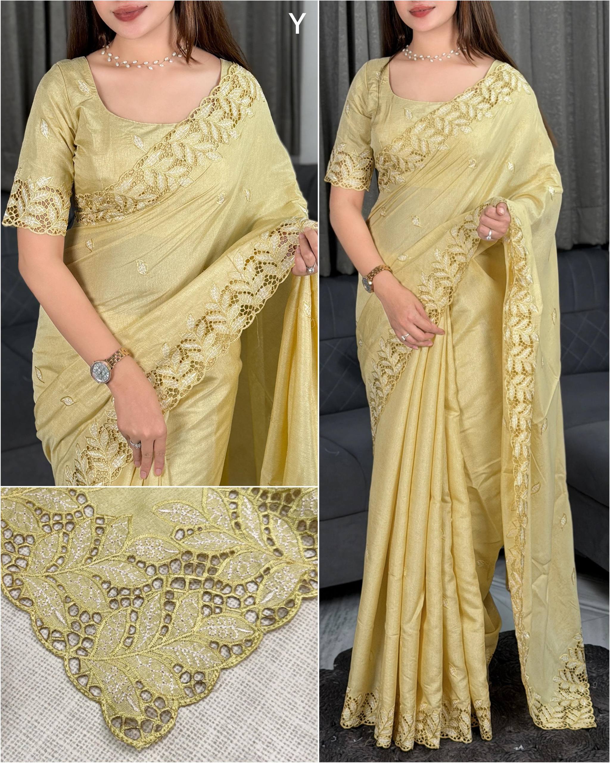 Golden Sand Arry Cotton Thread Embroidered Cutwork Saree with Blouse