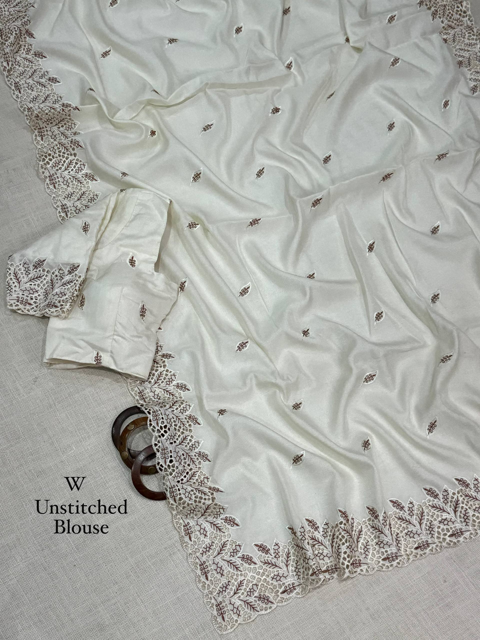 Ivory White Arry Cotton Thread Embroidered Cutwork Saree with Blouse