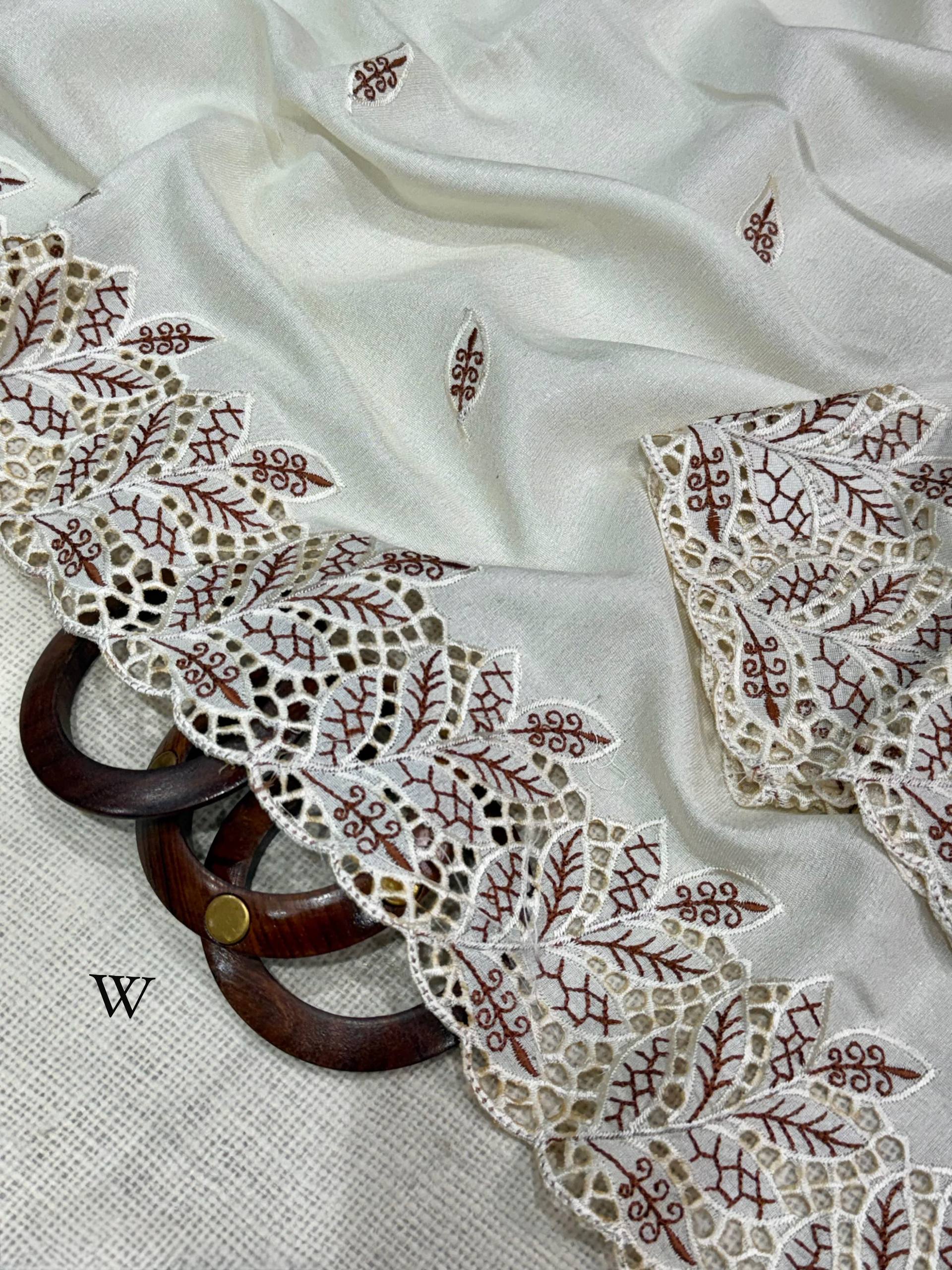Ivory White Arry Cotton Thread Embroidered Cutwork Saree with Blouse
