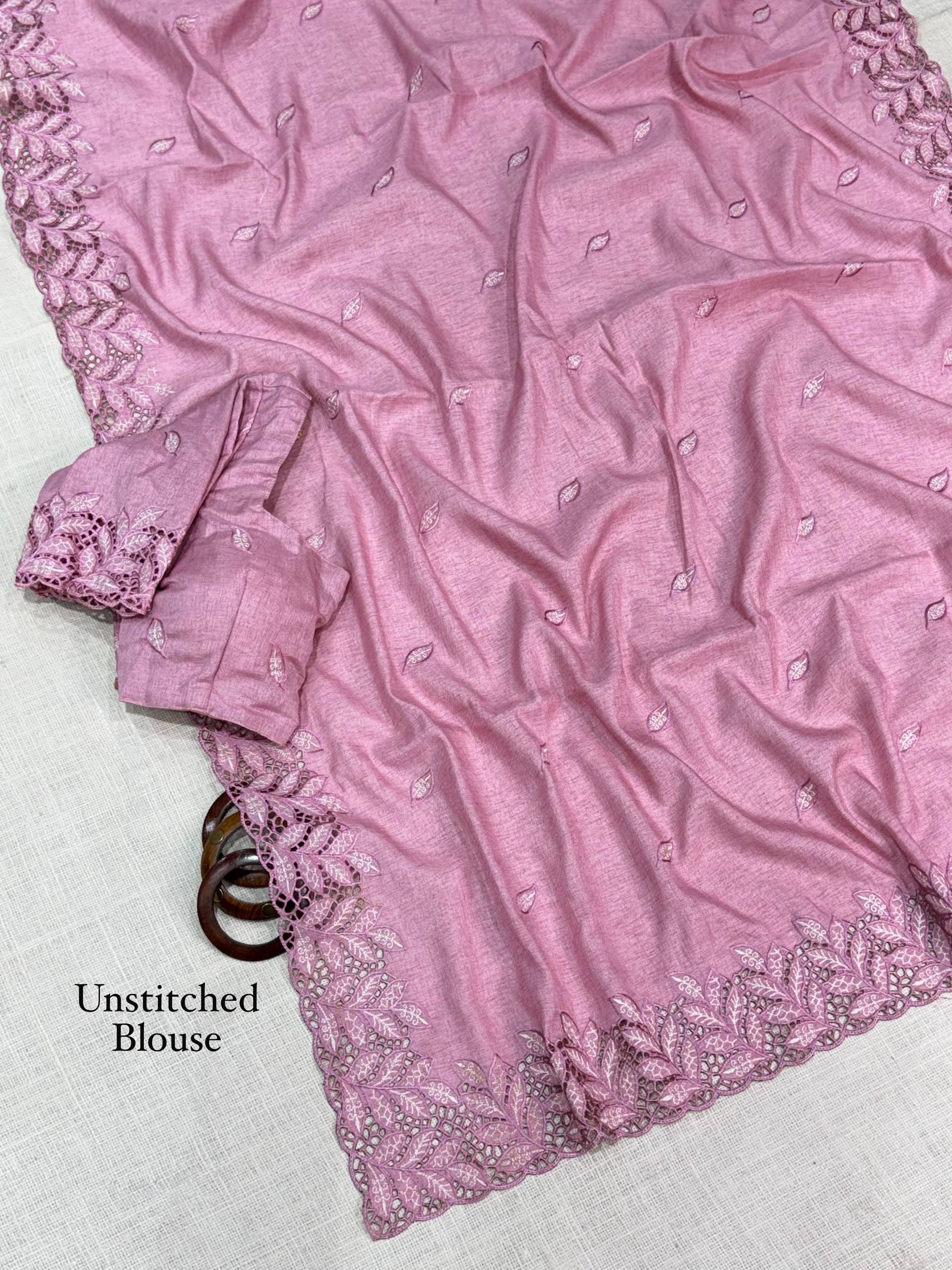 Dusty Rose Pink Arry Cotton Thread Embroidered Cutwork Saree with Blouse