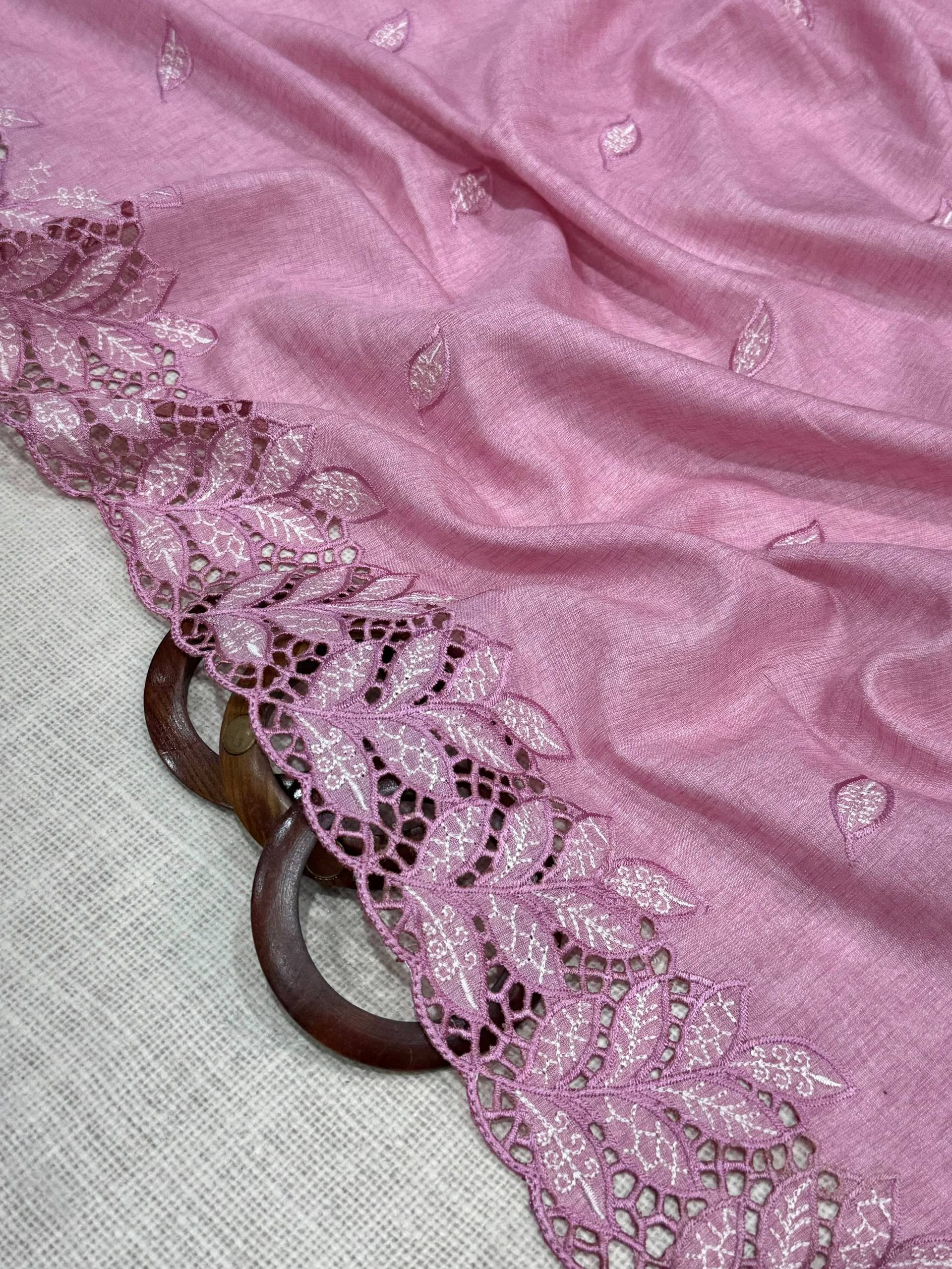 Dusty Rose Pink Arry Cotton Thread Embroidered Cutwork Saree with Blouse