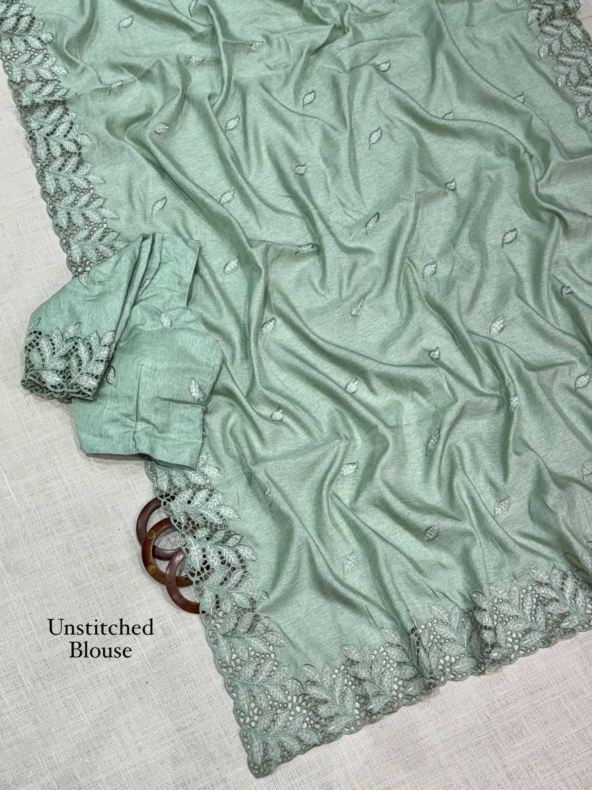 Sage Green Arry Cotton Thread Embroidered Cutwork Saree with Blouse