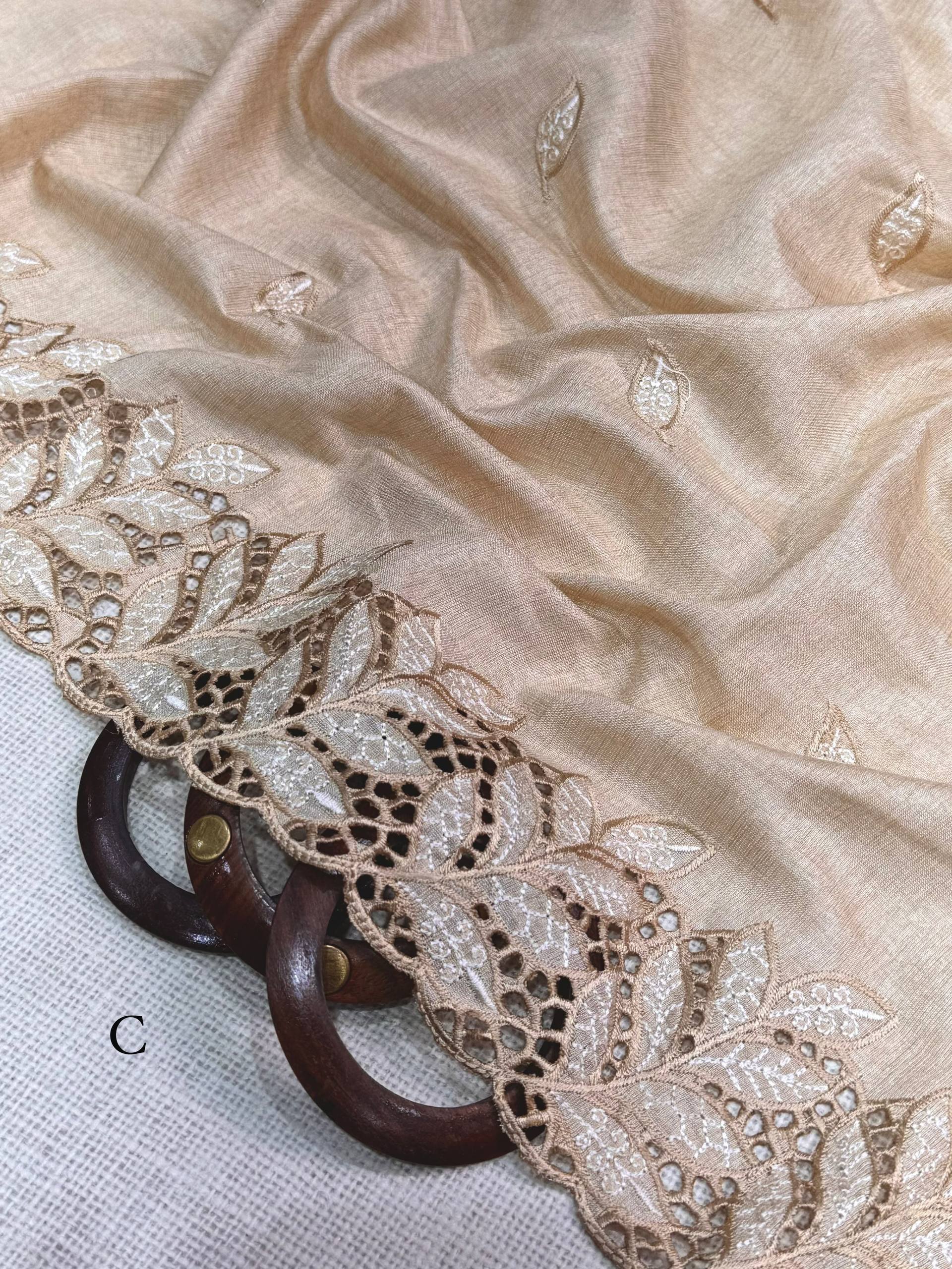 Champagne Beige Arry Cotton Thread Embroidered Cutwork Saree with Blouse