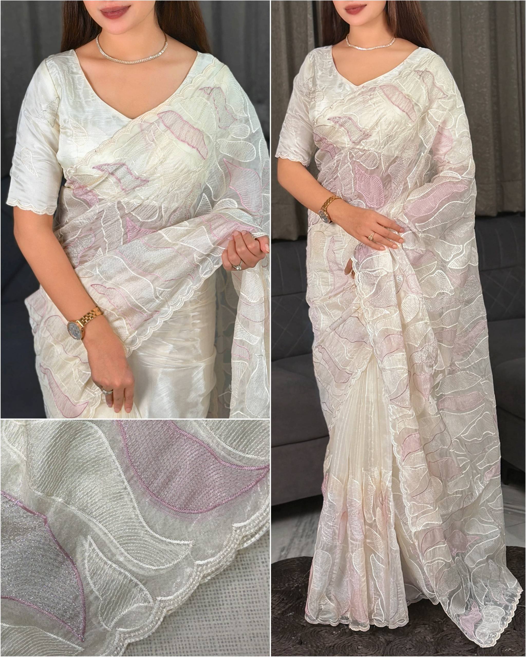 Ivory Pink Turkish Embroidered Chanda Silk Saree with Unstitched Blouse