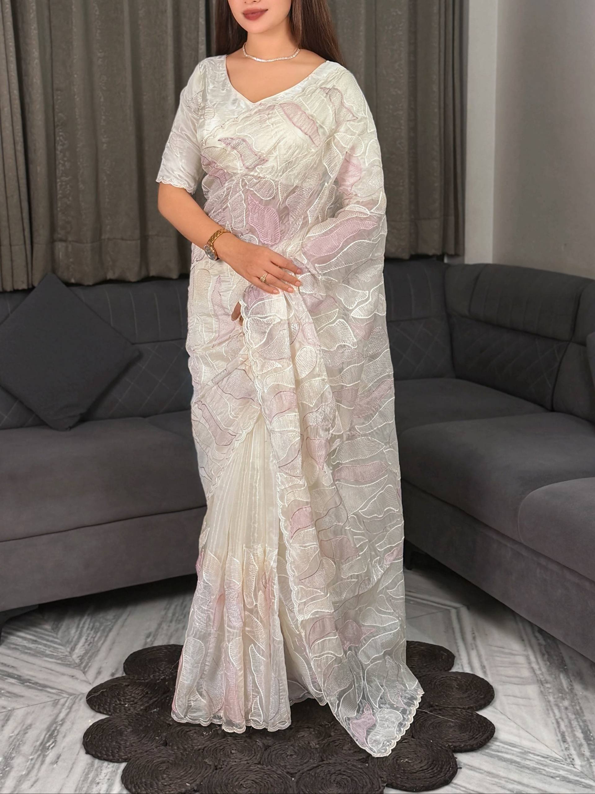 Ivory Pink Turkish Embroidered Chanda Silk Saree with Unstitched Blouse