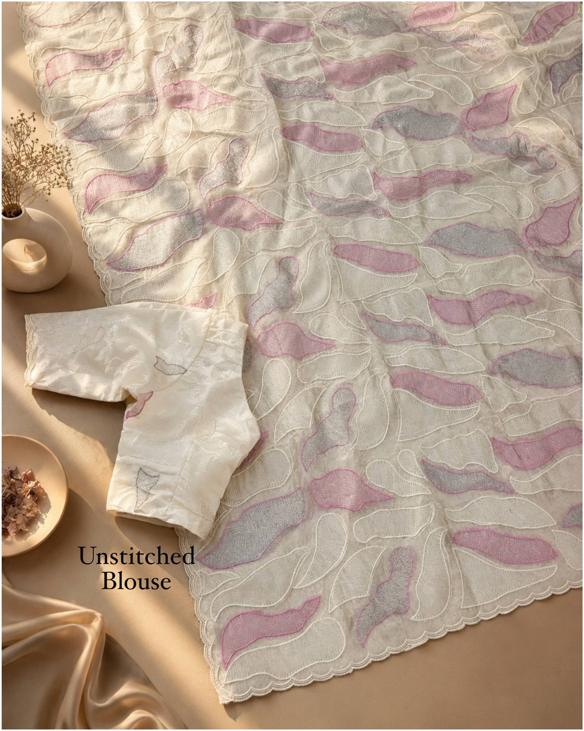 Ivory Pink Turkish Embroidered Chanda Silk Saree with Unstitched Blouse