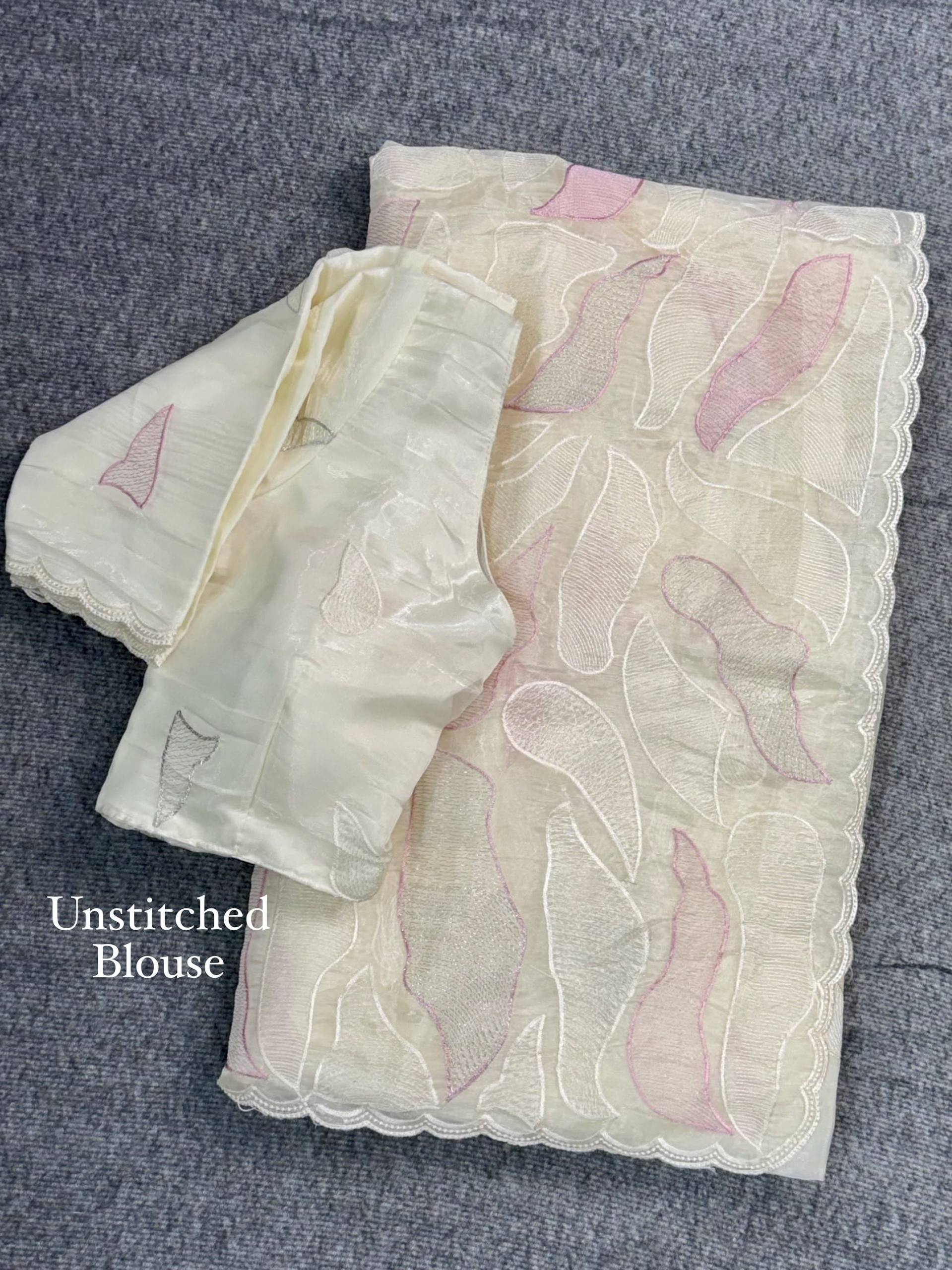 Ivory Pink Turkish Embroidered Chanda Silk Saree with Unstitched Blouse