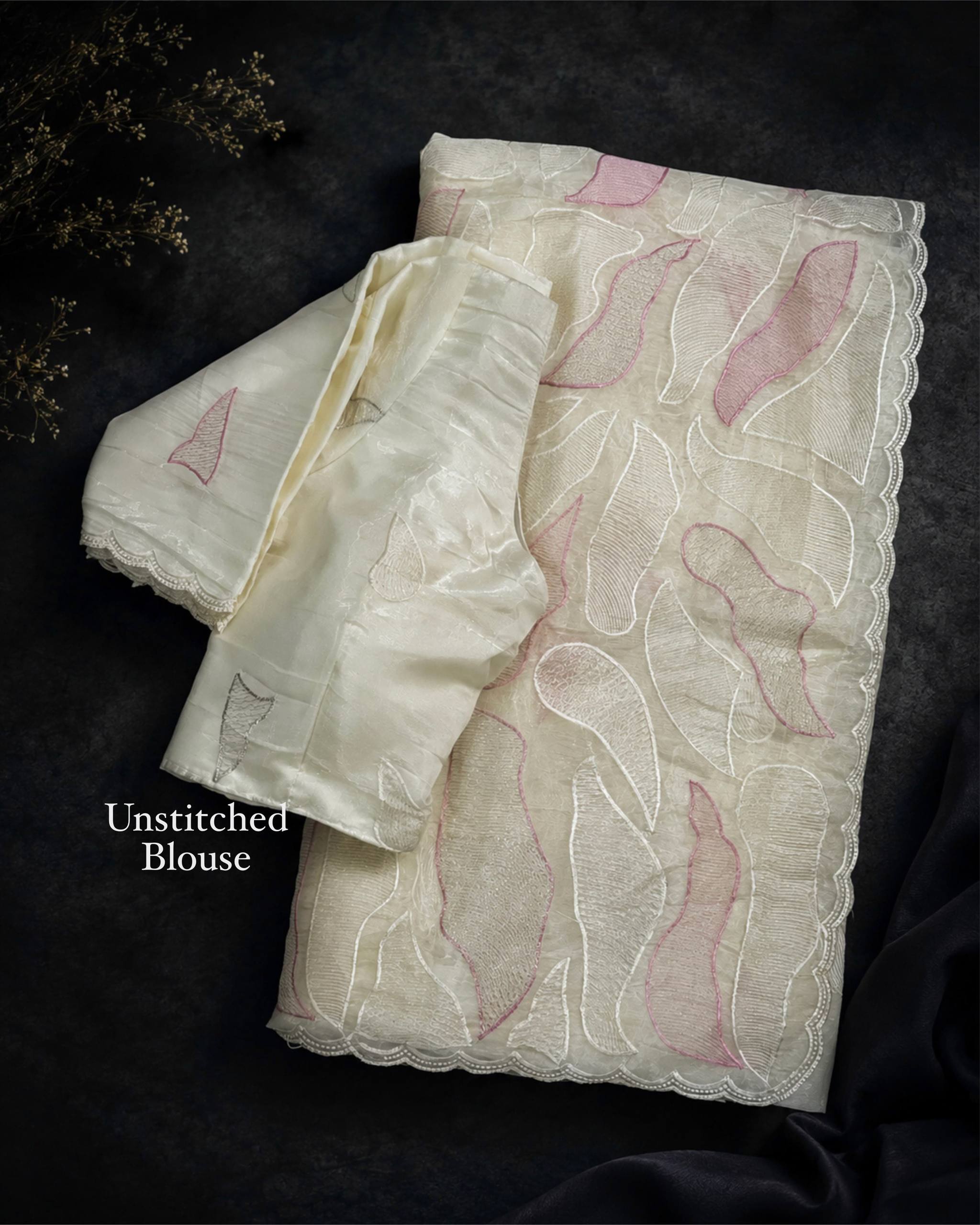 Ivory Pink Turkish Embroidered Chanda Silk Saree with Unstitched Blouse