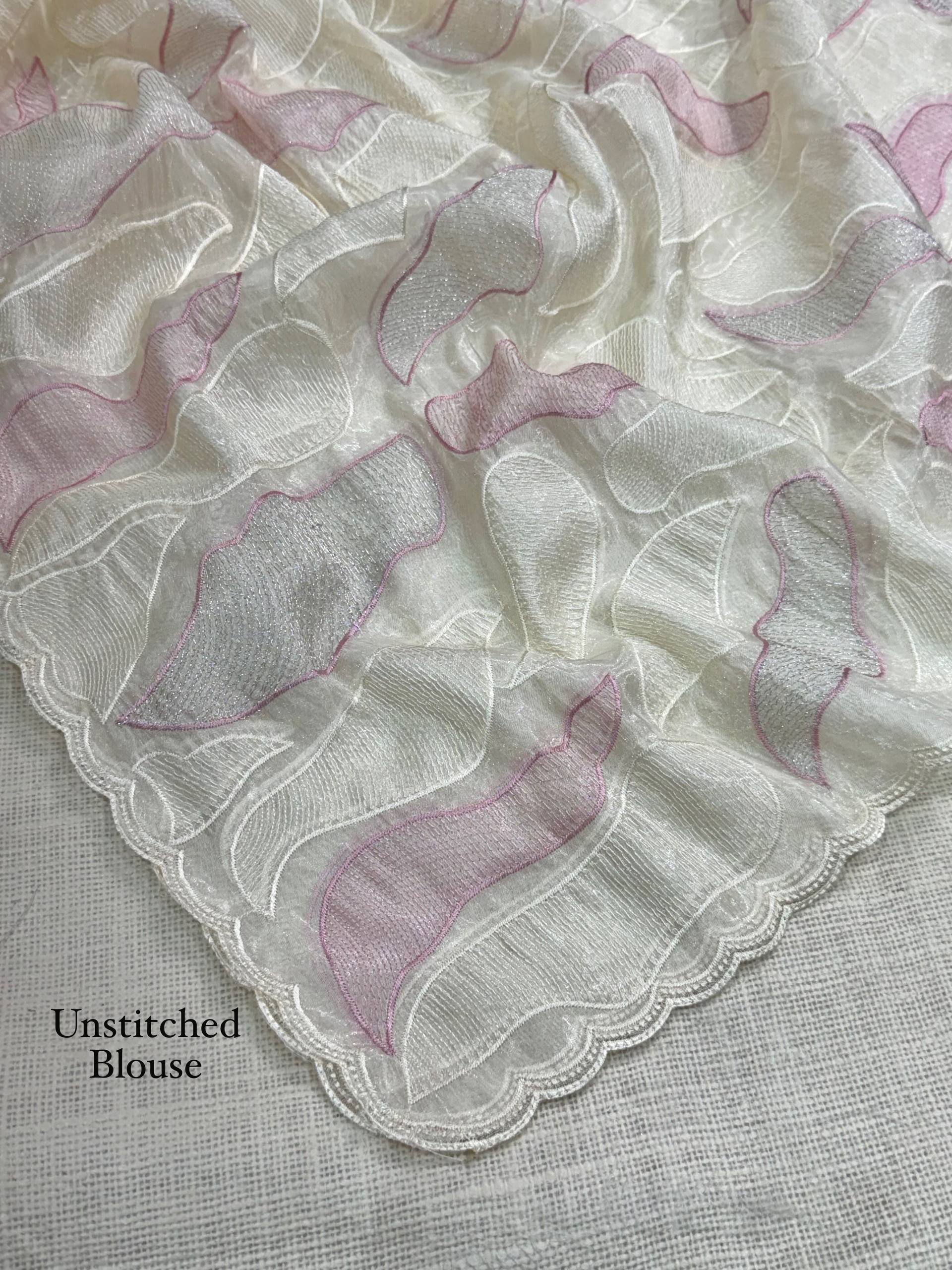 Ivory Pink Turkish Embroidered Chanda Silk Saree with Unstitched Blouse