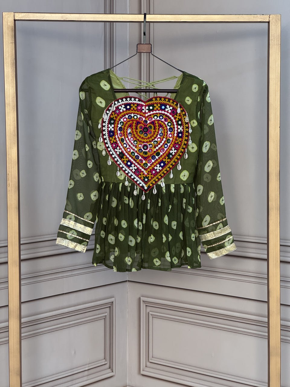 Olive Green Kutchi Gamthi Patchwork Bandhani Navratri Top