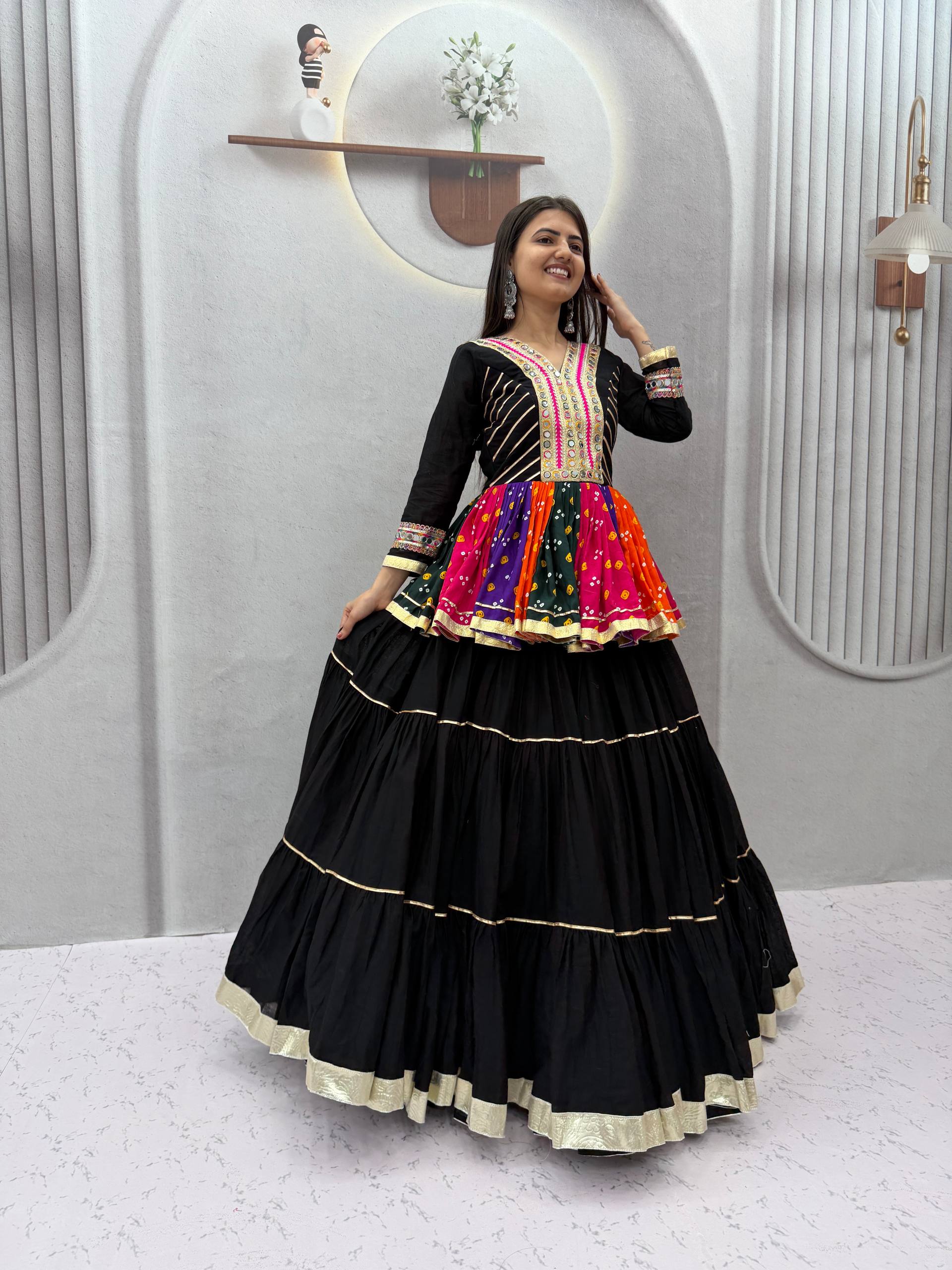 Black Multicolor Gamthi Work Pure Cotton Kediyu Lehenga Set